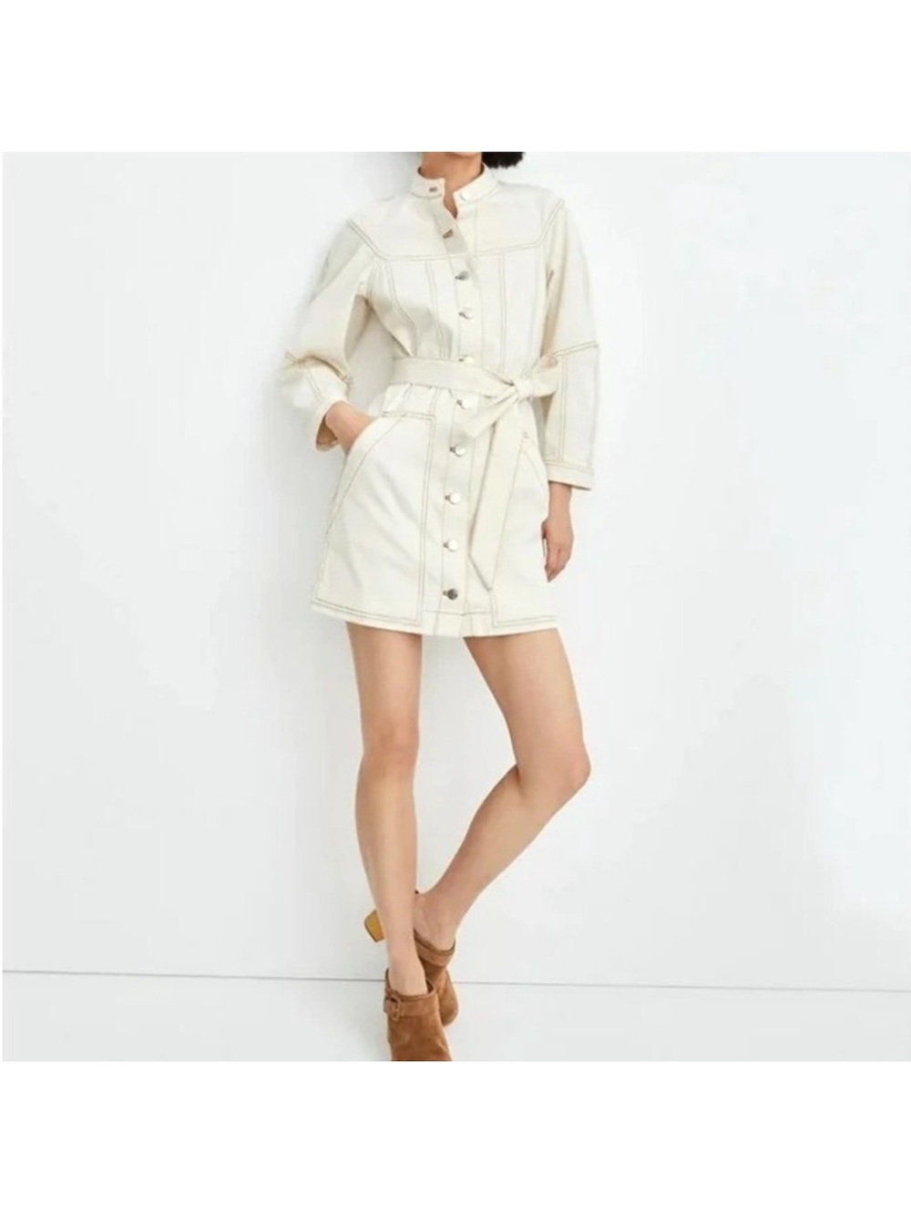 Veronica Beard Cream Button-Front Belted Trench Coat Dress